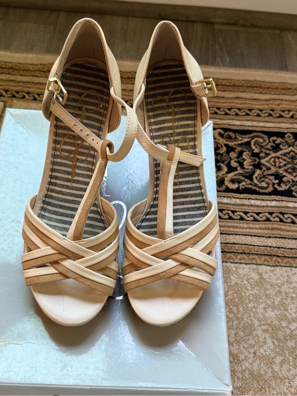 Jessica Simpson Beige and Tan T-Strap Wedge Sandals